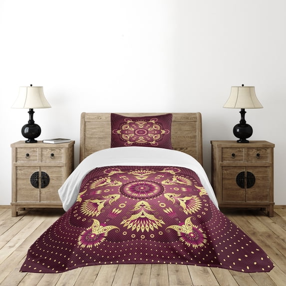 Ambesonne Purple Mandala Quilted Bedspread Set 2 Pcs, Eastern Retro, Twin Size, Dried Rose Yellow
