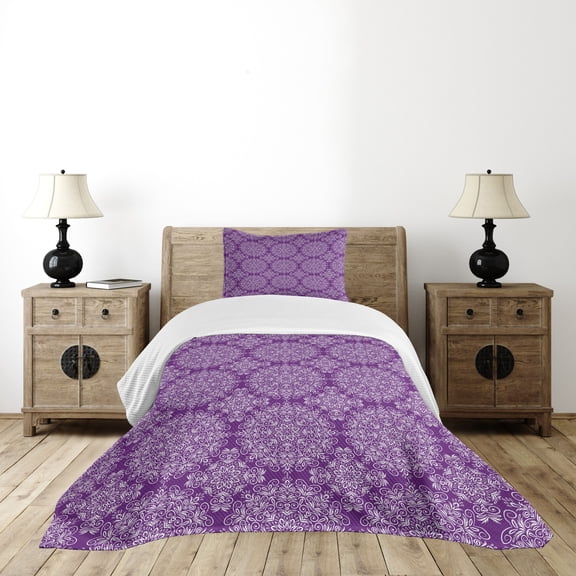 Ambesonne Purple Mandala Quilted Bedspread Set 2 Pcs, Swirl Floral Branch, Twin Size, White Purple