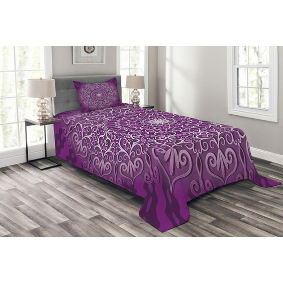 Ambesonne Purple Mandala Quilted Bedspread Set 2 Pcs, Tibetian Cosmos, Twin Size, White Purple