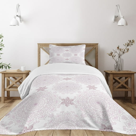 Ambesonne Purple Mandala Quilted Bedspread Set 2 Pcs, Victorian Damask, Twin Size, Pale Pink White