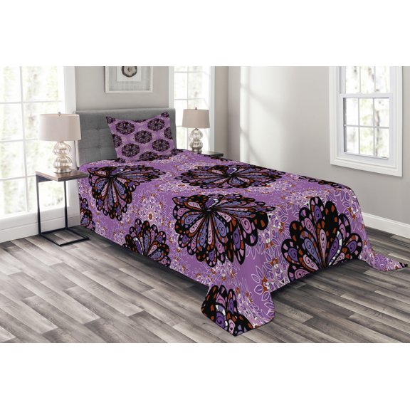 Ambesonne Purple Mandala Quilted Bedspread Set 2 Pcs, Vintage Boho, Twin Size, Black Redwood Violet