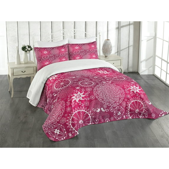 Ambesonne Purple Mandala Quilted Bedspread Set 3 Pcs, Anatolian Flower, Queen Size, White Magenta