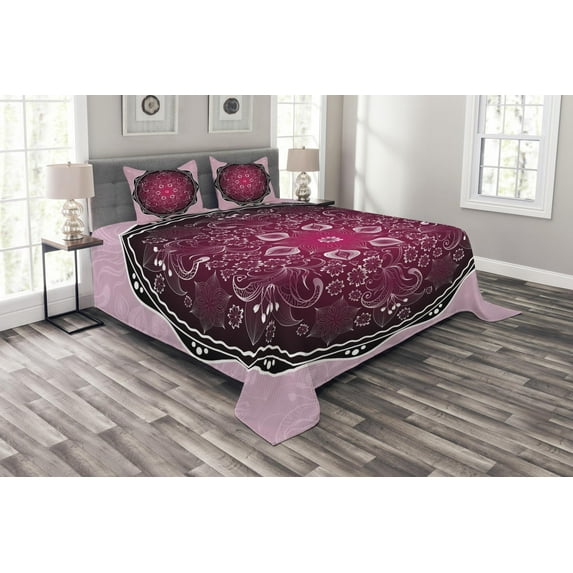 Ambesonne Purple Mandala Quilted Bedspread Set 3 Pcs, Classic Baroque, King Size, Pale Pink Maroon Black