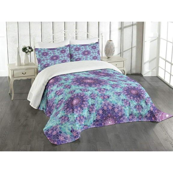 Ambesonne Purple Mandala Quilted Bedspread Set 3 Pcs, Mosaic Fractal, King Size, Sky Blue Mauve