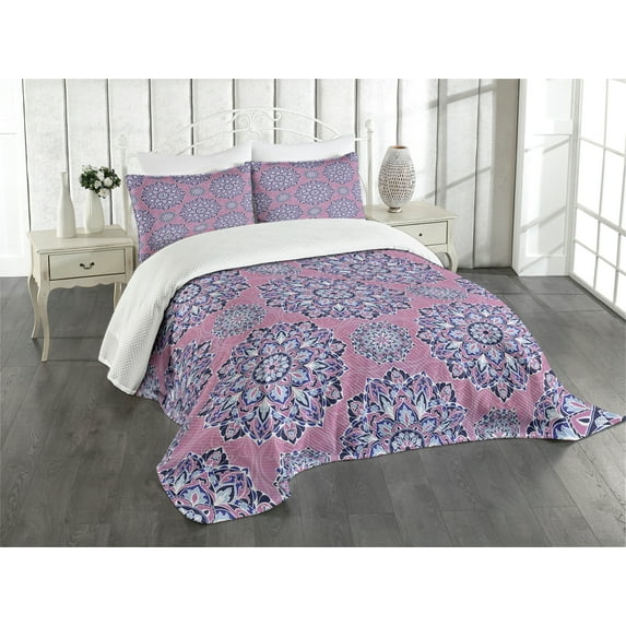 Ambesonne Purple Mandala Quilted Bedspread Set 3 Pcs, Oriental Lines, King Size, Dried Rose Pale Blue