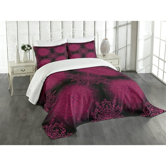 Ambesonne Purple Mandala Quilted Bedspread Set 3 Pcs, Psychedelic Boho, King Size, Maroon Magenta
