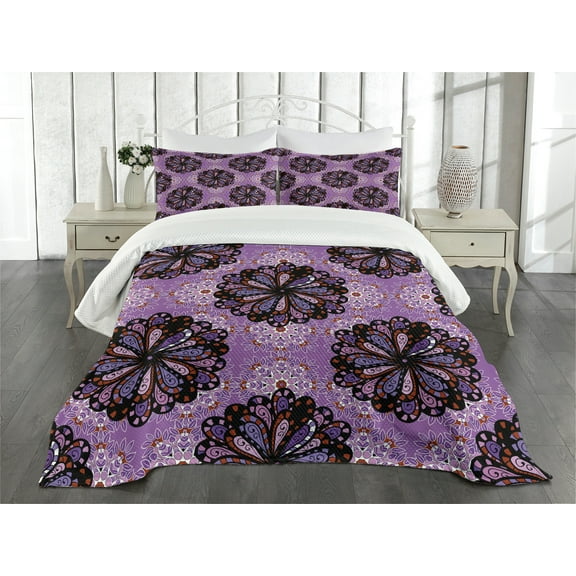 Ambesonne Purple Mandala Quilted Bedspread Set 3 Pcs, Vintage Boho, Queen Size, Black Redwood Violet