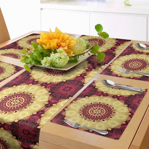 Ambesonne Purple Mandala Table Runner & Placemats, Old Baroque Art, Placemat 4 pcs + Runner 12"x90", Maroon Yellow