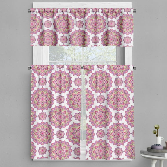 Ambesonne Purple Mandala Valance & Curtain, Lotus Essence, 55"x24", Lime Green Fuchsia