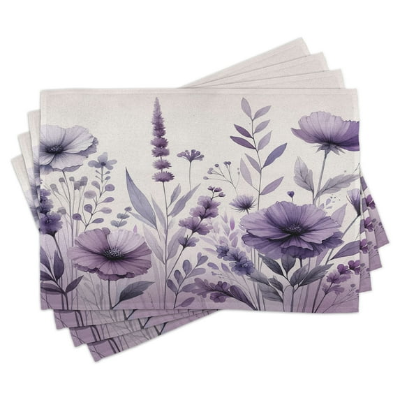 Ambesonne Purple Place Mats Set of 4, Watercolor Vintage Floral, Standard Size, Lilac Pale Grey Blush