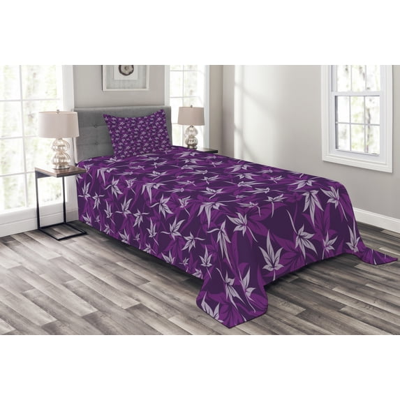Ambesonne Purple Quilted Bedspread Set 2 Pcs, Abstract Lily Flowers, Twin Size, Purple Lilac