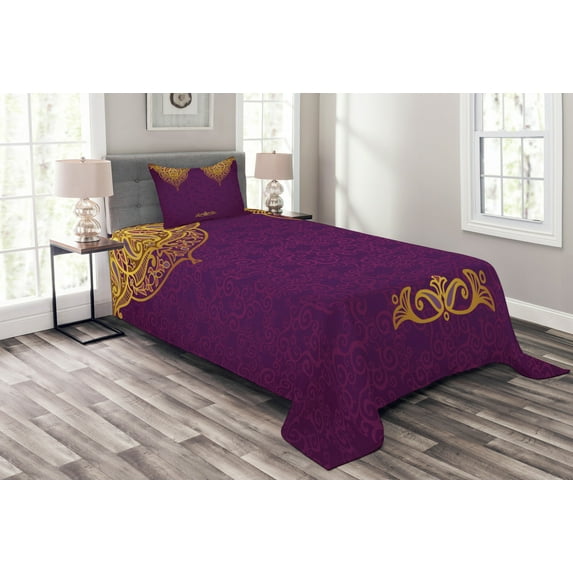 Ambesonne Purple Quilted Bedspread Set 2 Pcs, Eastern Royal Palace, Twin Size, Purple Yellow