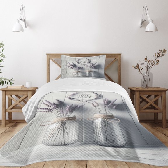 Ambesonne Purple Quilted Bedspread Set 2 Pcs, Lavender in Jars Wooden Back, Twin Size, Pale Lavender and Coconut