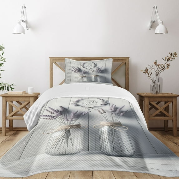 Ambesonne Purple Quilted Bedspread Set 2 Pcs, Lavender in Jars Wooden Back, Twin Size, Pale Lavender and Coconut