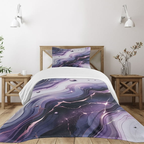 Ambesonne Purple Quilted Bedspread Set 2 Pcs, Modern Marble Universe Art, Twin Size, Pale Grey Quartz and Lilac