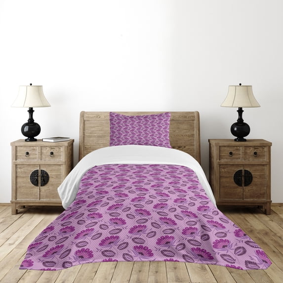Ambesonne Purple Quilted Bedspread Set 2 Pcs, Nature Inspired Flora, Twin Size, Purple Lilac Dark Purple