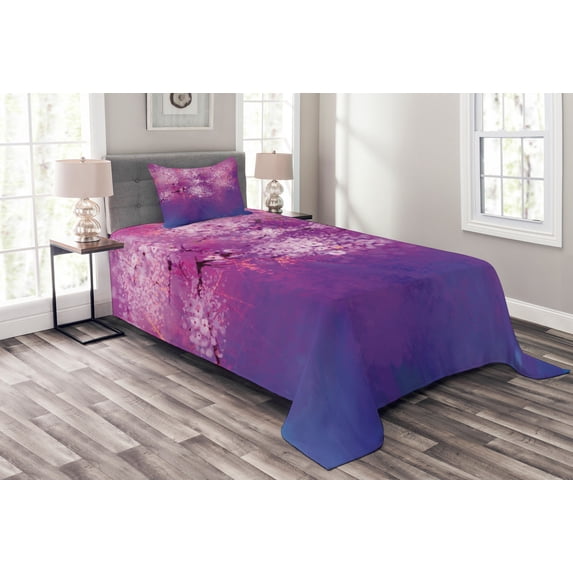 Ambesonne Purple Quilted Bedspread Set 2 Pcs, Romantic Paint, Twin Size, Fuchsia Purple