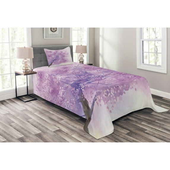 Ambesonne Purple Quilted Bedspread Set 2 Pcs, Sakura Tree Springtime, Twin Size, Purple