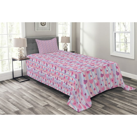 Ambesonne Purple Quilted Bedspread Set 2 Pcs, Sentimental Composition, Twin Size, Multicolor