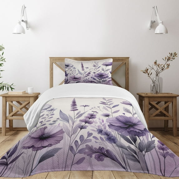 Ambesonne Purple Quilted Bedspread Set 2 Pcs, Watercolor Vintage Floral, Twin Size, Lilac Pale Grey Blush