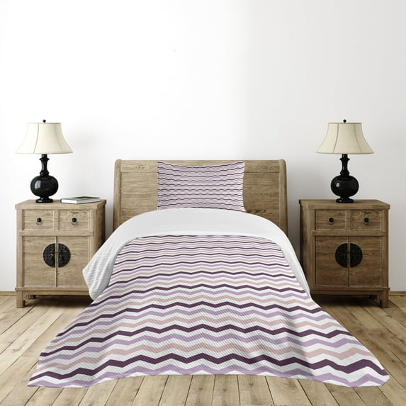 Ambesonne Purple Quilted Bedspread Set 2 Pcs, Zig Zag Waves Shapes, Twin Size, Pale Pink Purple