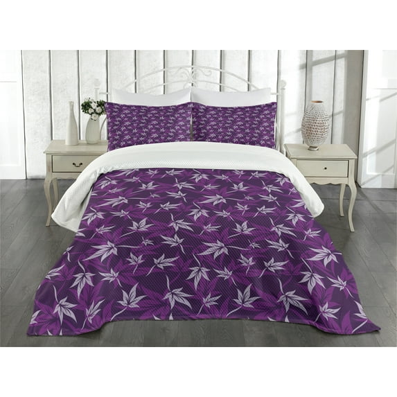 Ambesonne Purple Quilted Bedspread Set 3 Pcs, Abstract Lily Flowers, Queen Size, Purple Lilac