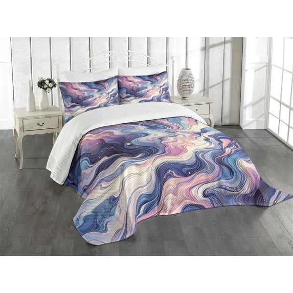 Ambesonne Purple Quilted Bedspread Set 3 Pcs, Curly Aesthetic Marble Art, King Size, Quartz Mustard Azure Blue