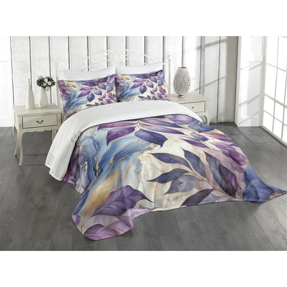 Ambesonne Purple Quilted Bedspread Set 3 Pcs, Falling Down Romantic Leaves, King Size, Quartz Lilac Mauve