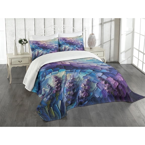 Ambesonne Purple Quilted Bedspread Set 3 Pcs, Lavender and Crystal Cave, Queen Size, Azure Blue Quartz Lilac