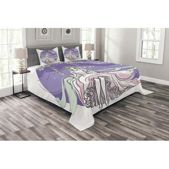 Ambesonne Purple Quilted Bedspread Set 3 Pcs, Party Dress Bride, Queen Size, Purple and Pale Pink