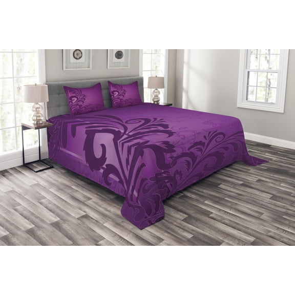 Ambesonne Purple Quilted Bedspread Set 3 Pcs, Retro Abstract Floral, Queen Size, Purple Plum