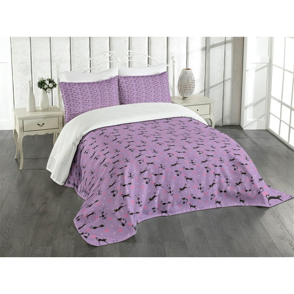 Ambesonne Purple Quilted Bedspread Set 3 Pcs, Valentine Animal Fun, Queen Size, Lavender Pink Black