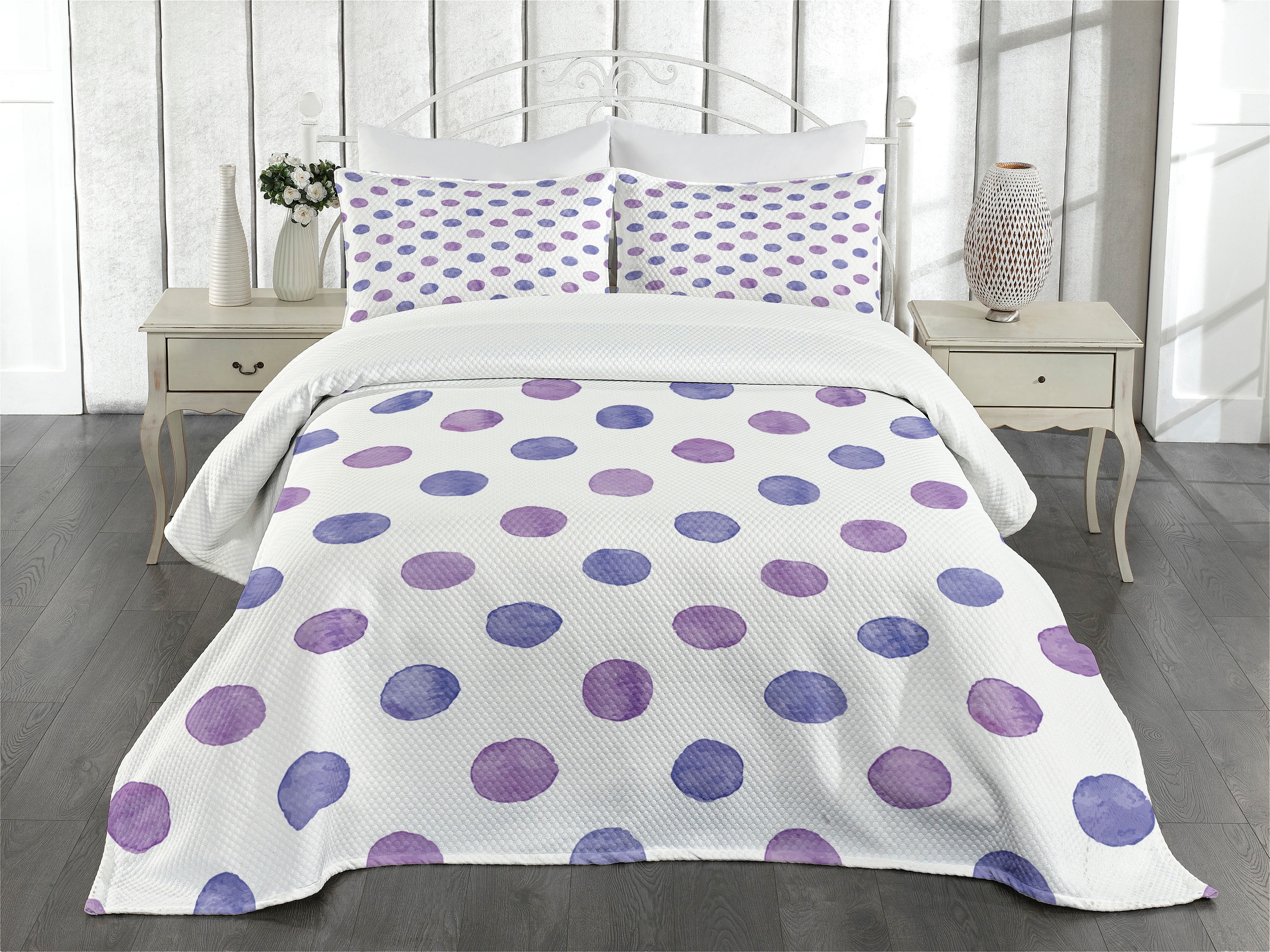 King Size Lilac Blue Watercolor Polka Dot Bedspread Set