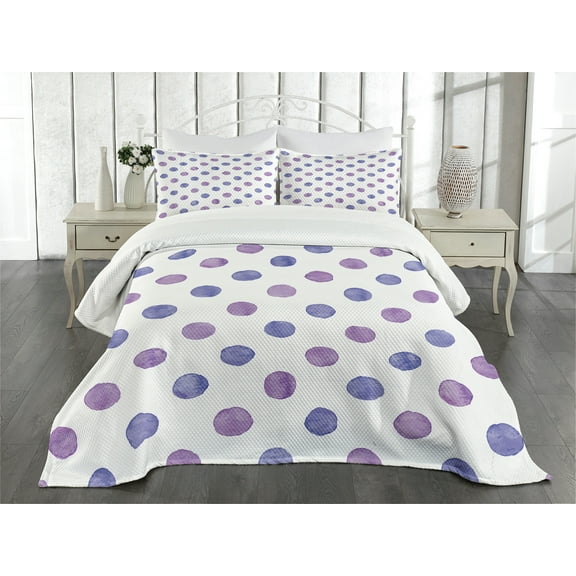 Ambesonne Purple Quilted Bedspread Set 3 Pcs, Watercolor Polka Dots, King Size, Lilac Blue