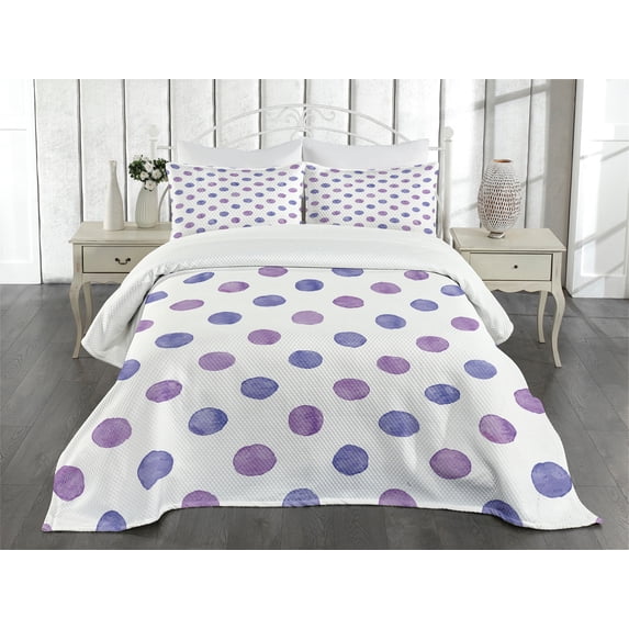 Ambesonne Purple Quilted Bedspread Set 3 Pcs, Watercolor Polka Dots, King Size, Lilac Blue