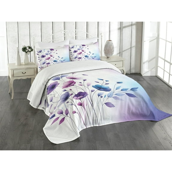 Ambesonne Purple Quilted Bedspread Set 3 Pcs, Wild Pansy Flowers Art Print, Queen Size, Violet Quartz Sea Blue