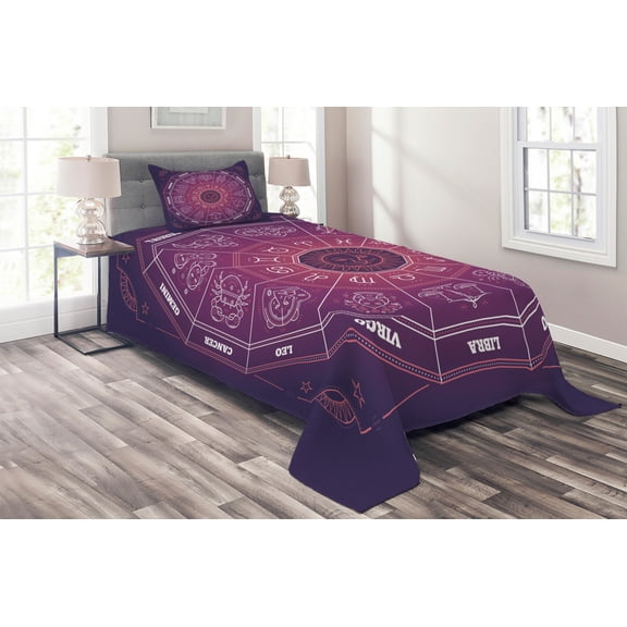 Ambesonne Purple Quilted Coverlet 2 Pcs, Colorful Astrology Signs, Twin Size, Purple