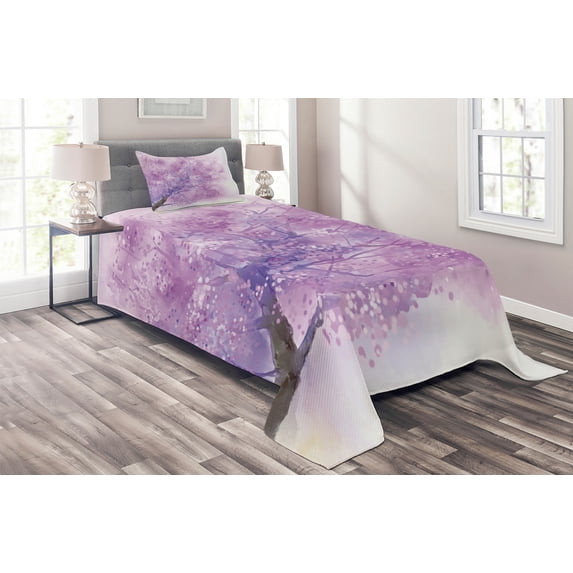 Ambesonne Purple Quilted Coverlet 2 Pcs, Sakura Tree Springtime, Twin Size, Purple