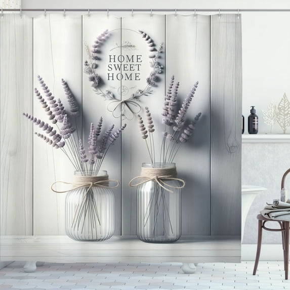 Ambesonne Purple Shower Curtain, Lavender in Jars Wooden Back, 69"Wx84"L, Pale Lavender and Coconut