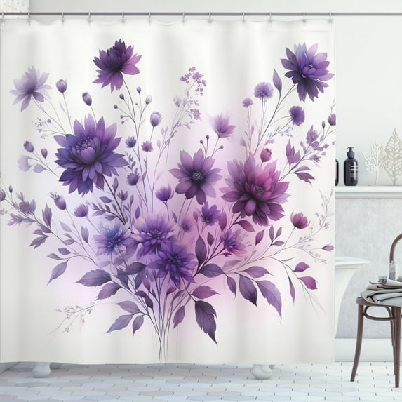 Ambesonne Purple Shower Curtain, Monochrome Wild Flowers Art, 69"Wx84"L, Lilac and Blue Violet