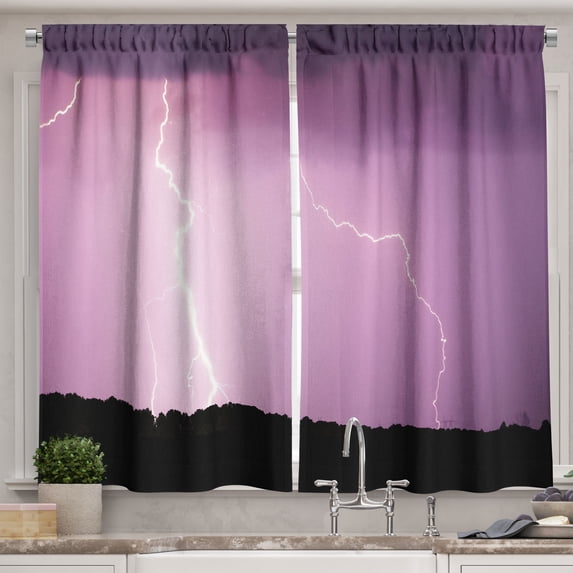 Ambesonne Purple Storm Kitchen Curtains, Lightning Photo Print, 55"x30", Pale Lilac and Eggplant