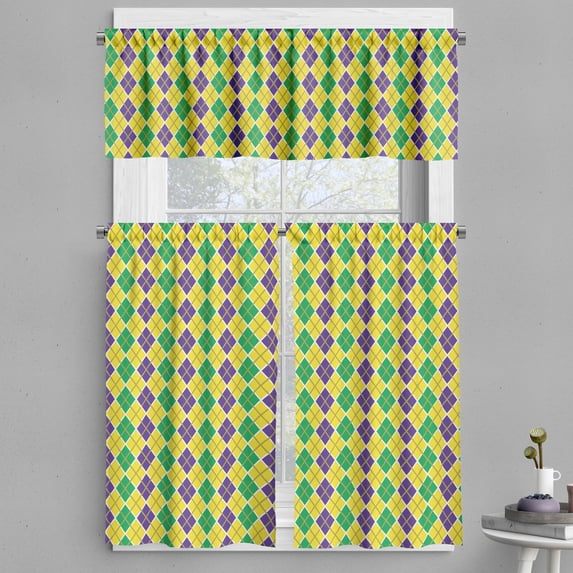 Ambesonne Purple Stripe Valance & Curtain, Rhombus Mardi Gras, 55"x36", Yellow Blue Violet White