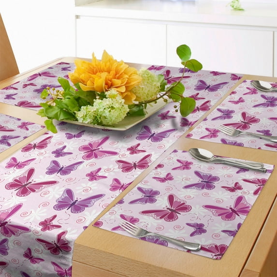 Ambesonne Purple Table Runner & Placemats, Romantic Butterflies, Placemat 4 pcs + Runner 14"x72", Maroon Purple Pale Pink