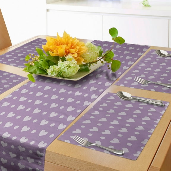 Ambesonne Purple Table Runner & Placemats, Wedding Inspired Heart, Placemat 4 pcs + Runner 14"x90", Lavender and Purple