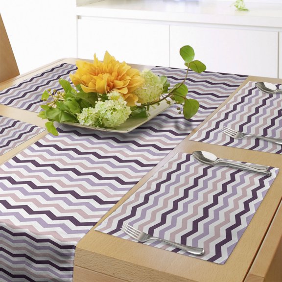 Ambesonne Purple Table Runner & Placemats, Zig Zag Waves Shapes, Placemat 4 pcs + Runner 16"x72", Pale Pink Purple