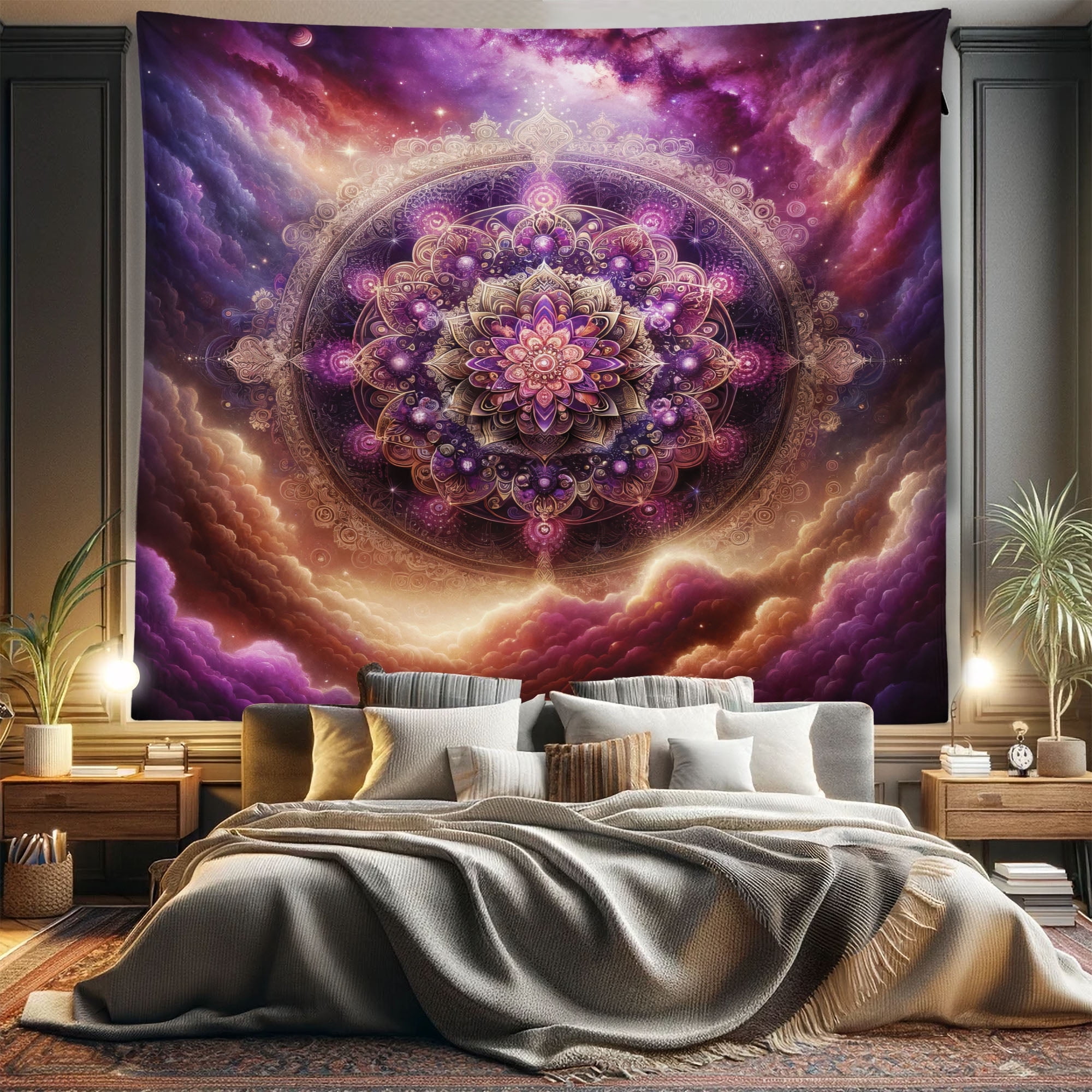 Ambesonne Purple Tapestry King Size Galaxy Clouds Around Mandala 104 x88