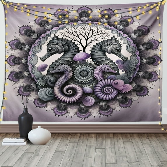 Ambesonne Purple Tapestry Wall Hanging, Folk Mandala Seahorse Art, 80"x60", Mauve Grey