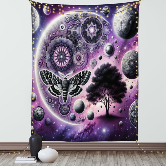 Ambesonne Purple Tapestry Wall Hanging, Moth Mandala Space Planets, 60"x80", Quartz Pale Pink Grey