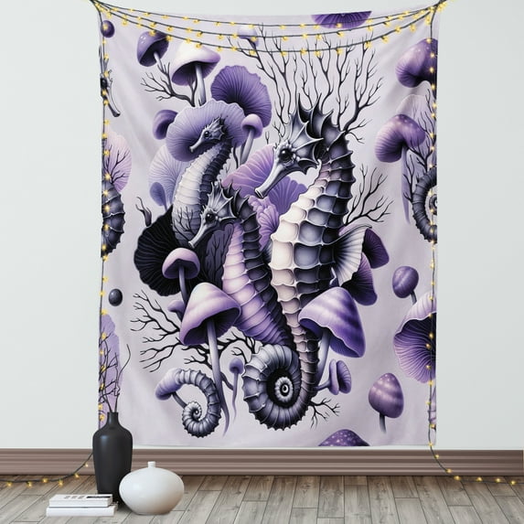 Ambesonne Purple Tapestry Wall Hanging, Seahorse Dried Corals Motif, 60"x80", Pale Lilac Violet