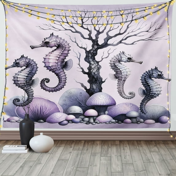 Ambesonne Purple Tapestry Wall Hanging, Seahorse and Dried Tree Art, 80"x60", Mauve and Lavender